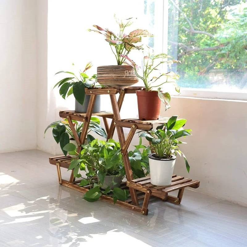 Solid Wood Triangular 6-Shelf Indoor Outdoor Flower Pot Plant Stand FastFurnishings