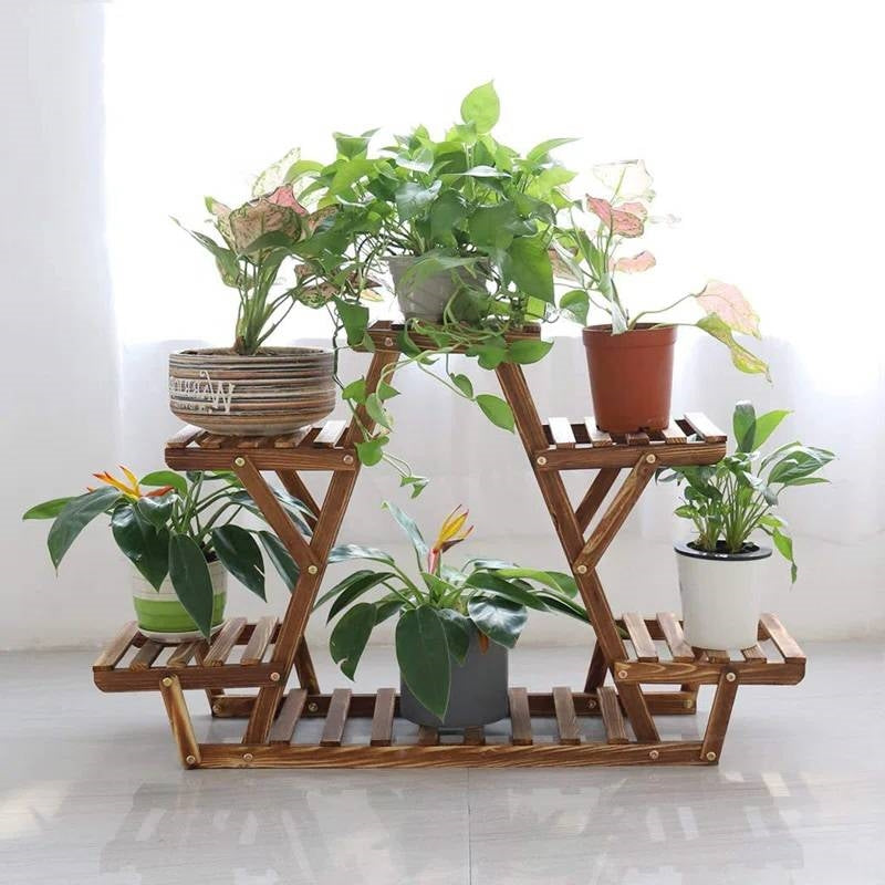Solid Wood Triangular 6-Shelf Indoor Outdoor Flower Pot Plant Stand FastFurnishings