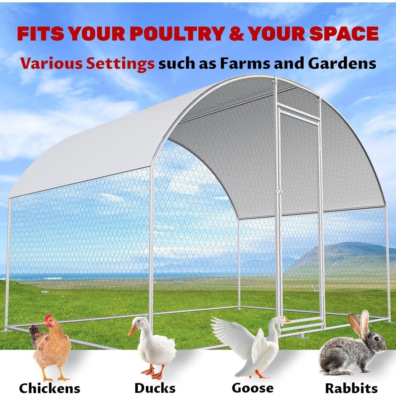 9.8 Ft x 6.6 Ft Outdoor Metal Chicken Coop with Dome Roof and Waterproof Cover FastFurnishings
