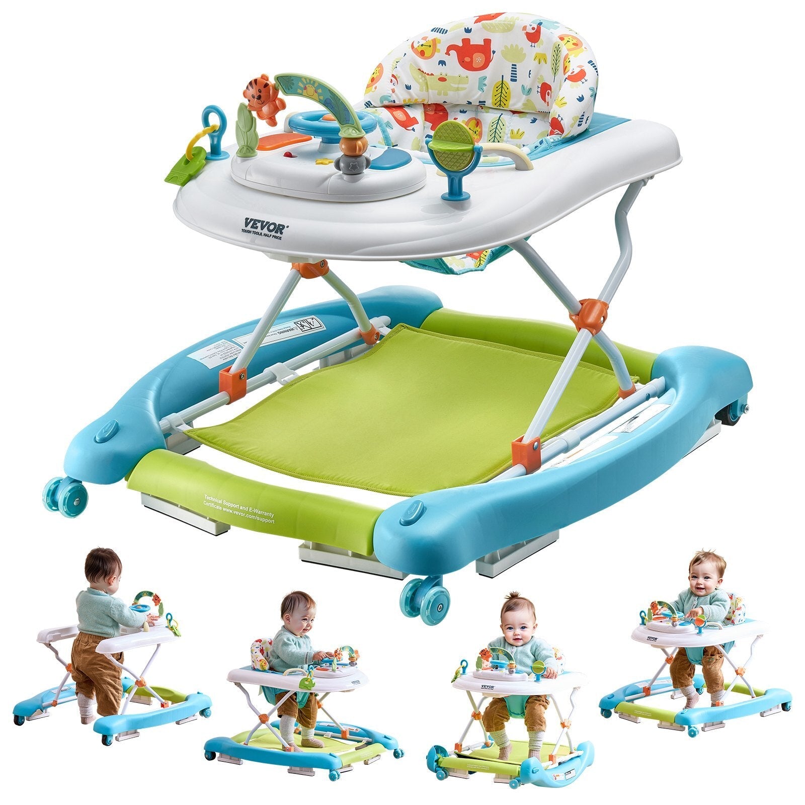 4-in-1 Baby Walker, Foldable Baby Activity Center on Wheels, 3 Adjustable Height, Music & Toys Tray, Learning-Seated | Walk-Behind | Rocker | Bouncer Toddler Walker for Girls Boys 6-24 Months W2B