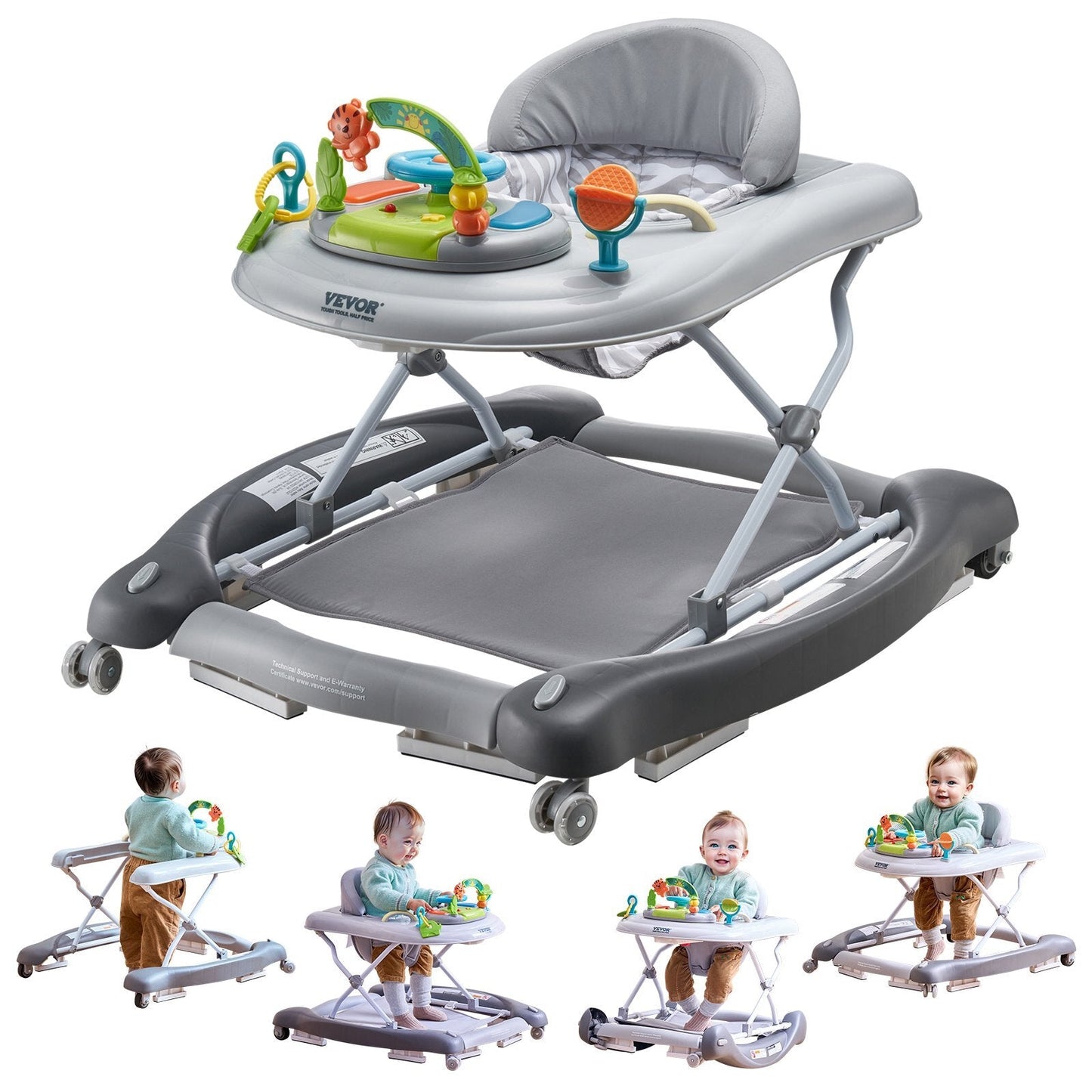 4-in-1 Baby Walker, Foldable Baby Activity Center on Wheels, 3 Adjustable Height, Music & Toys Tray, Learning-Seated | Walk-Behind | Rocker | Bouncer Toddler Walker for Girls Boys  6-24 Months W2B