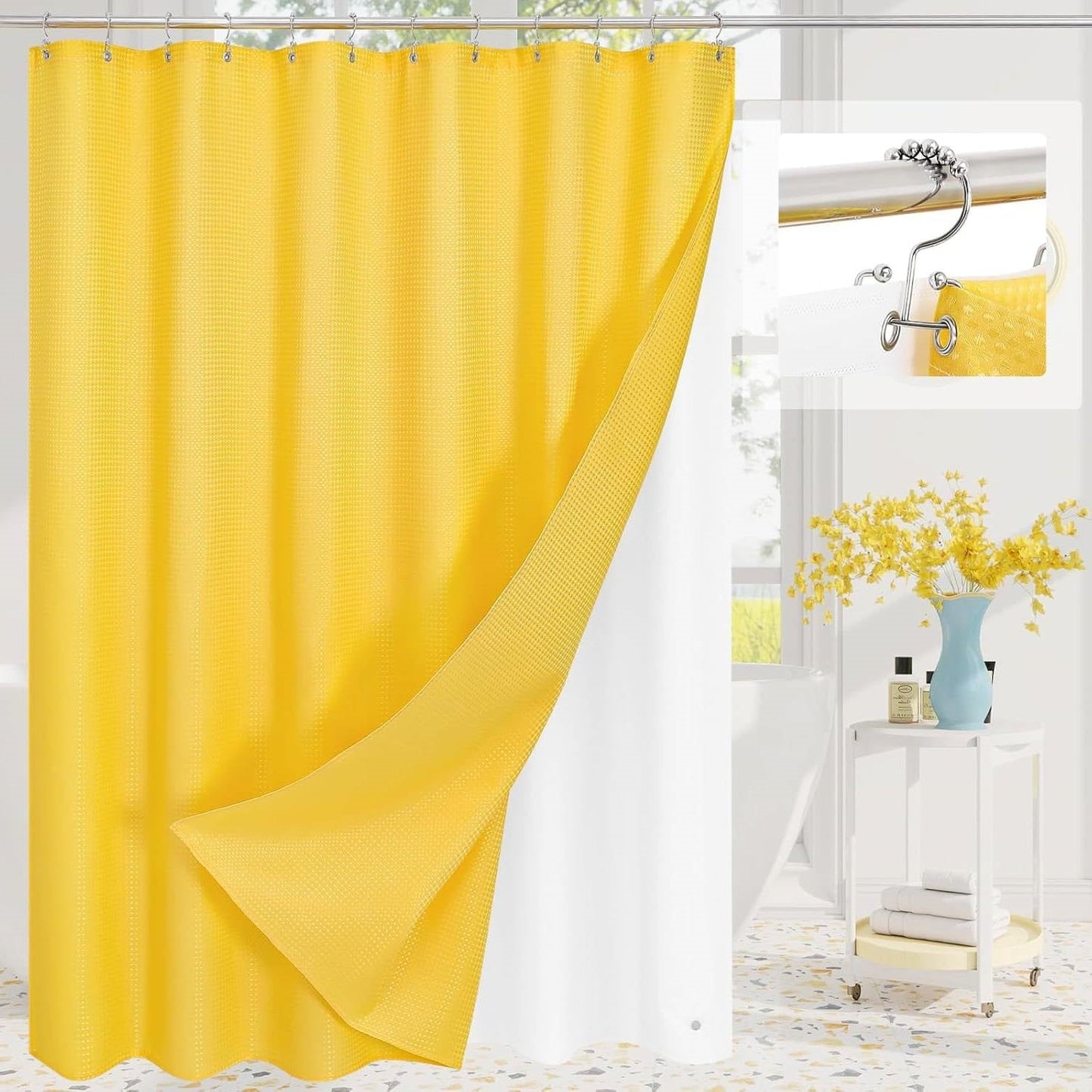 72"W x 84"H Yellow Waffle Textured 3 in 1 Shower Curtain Set FastFurnishings