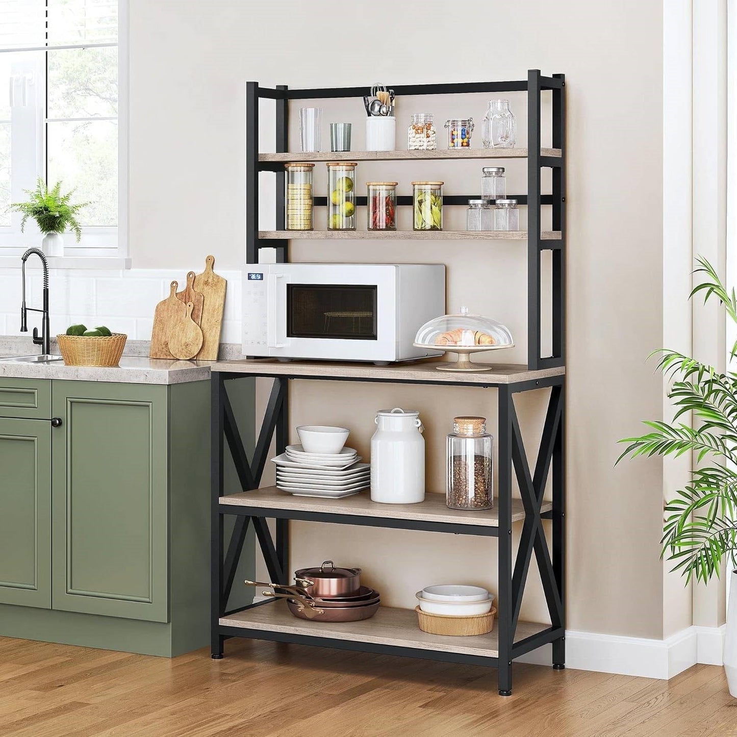 Modern Black Metal Grey Wood Bakers Rack Microwave Stand Kitchen Shelving Unit FastFurnishings