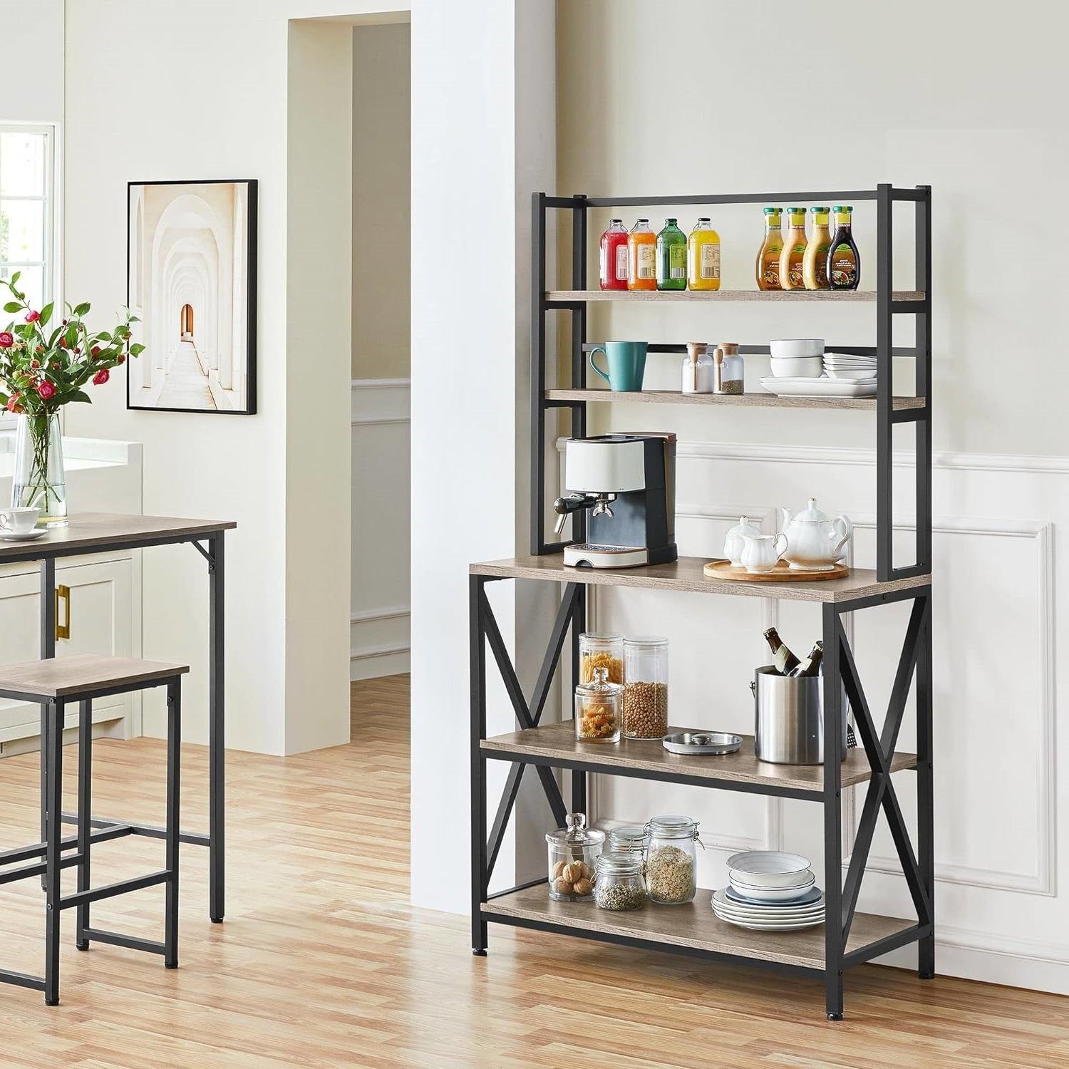 Modern Black Metal Grey Wood Bakers Rack Microwave Stand Kitchen Shelving Unit FastFurnishings