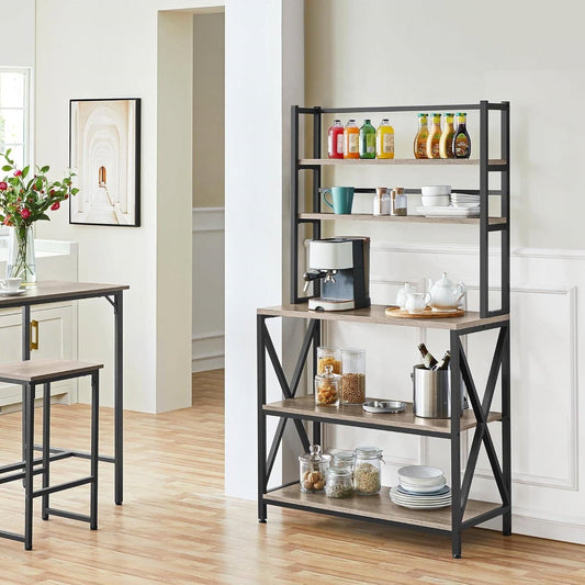 Modern Black Metal Grey Wood Bakers Rack Microwave Stand Kitchen Shelving Unit FastFurnishings