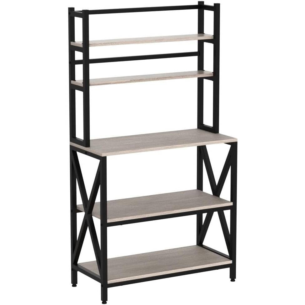 Modern Black Metal Grey Wood Bakers Rack Microwave Stand Kitchen Shelving Unit FastFurnishings