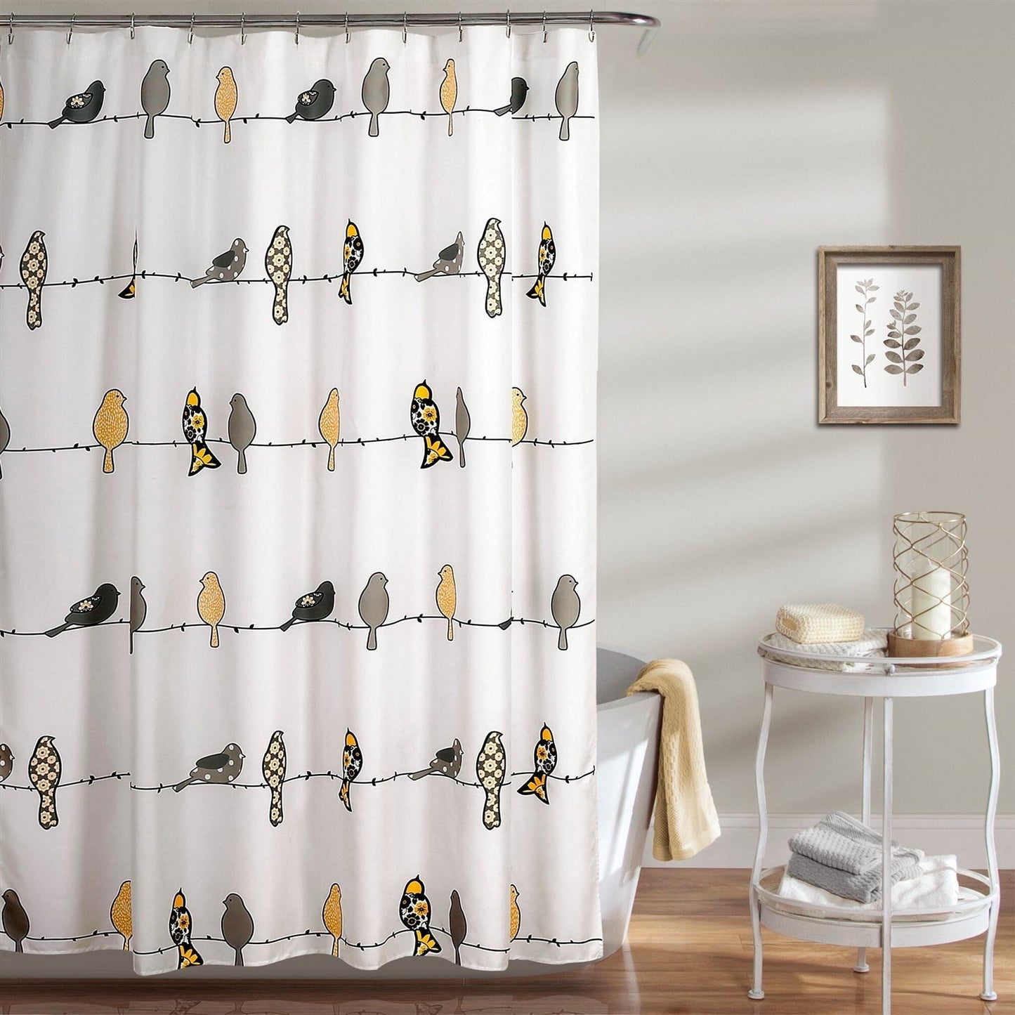72 x 72 inch Yellow Grey Birds Floral Polyester Machine-Washable Shower Curtain FastFurnishings