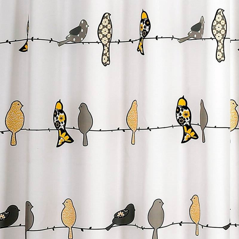 72 x 72 inch Yellow Grey Birds Floral Polyester Machine-Washable Shower Curtain FastFurnishings