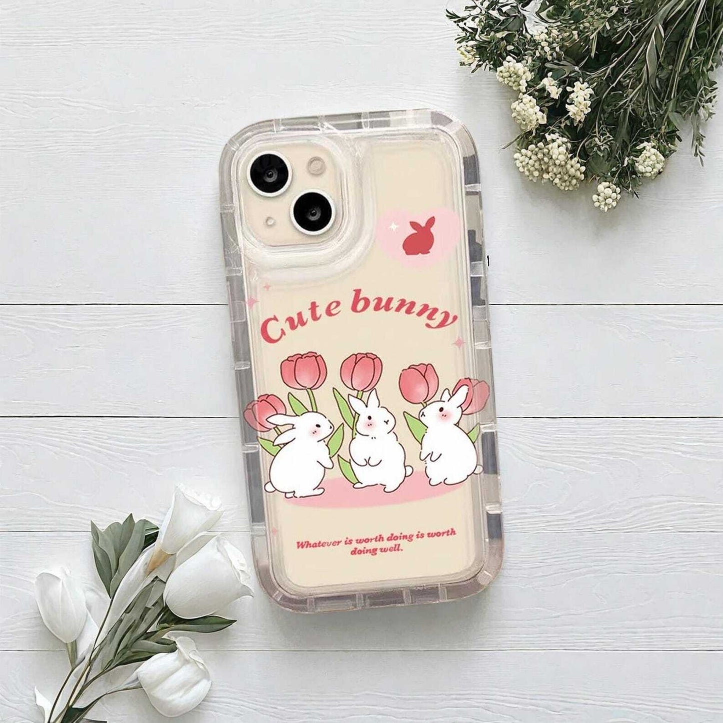 Cute Rabbit Flower Colorful Case for iPhone 15 14 13 12 11 Pro Max Plus - Shockproof Transparent Protective Cover with Fun Design W2B