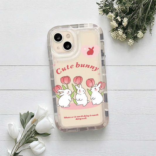 Cute Rabbit Flower Colorful Case for iPhone 15 14 13 12 11 Pro Max Plus - Shockproof Transparent Protective Cover with Fun Design W2B