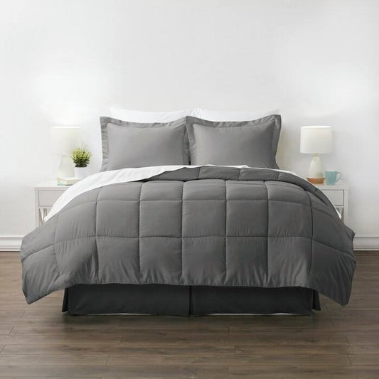 Full 8-Piece Microfiber Baffle-Box Reversible Bed-in-a-Bag Comforter Set in Grey