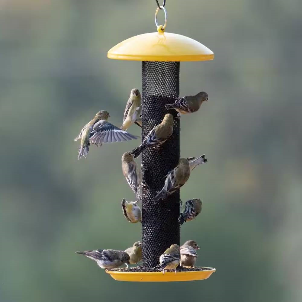 Durable Metal Mesh Tube Hanging Bird Feeder with Yellow Top and Perch FastFurnishings