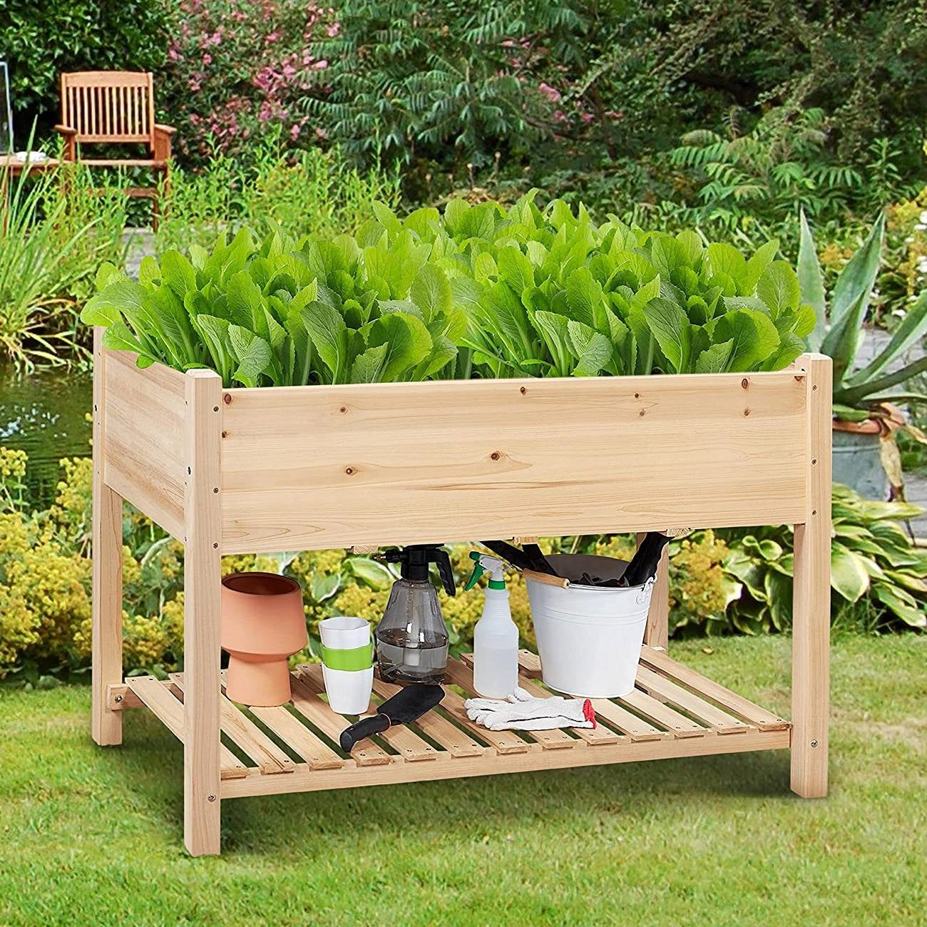 Solid Wood 2-Tier Raised Garden Bed Planter Box 4-ft x 2-ft x 32-inch High FastFurnishings