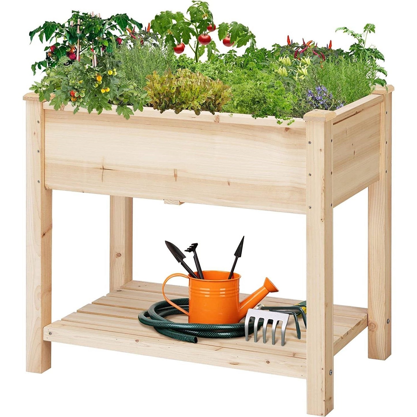 Solid Wood 2-Tier Raised Garden Bed Planter Bed with Bottom Storage Shelf FastFurnishings