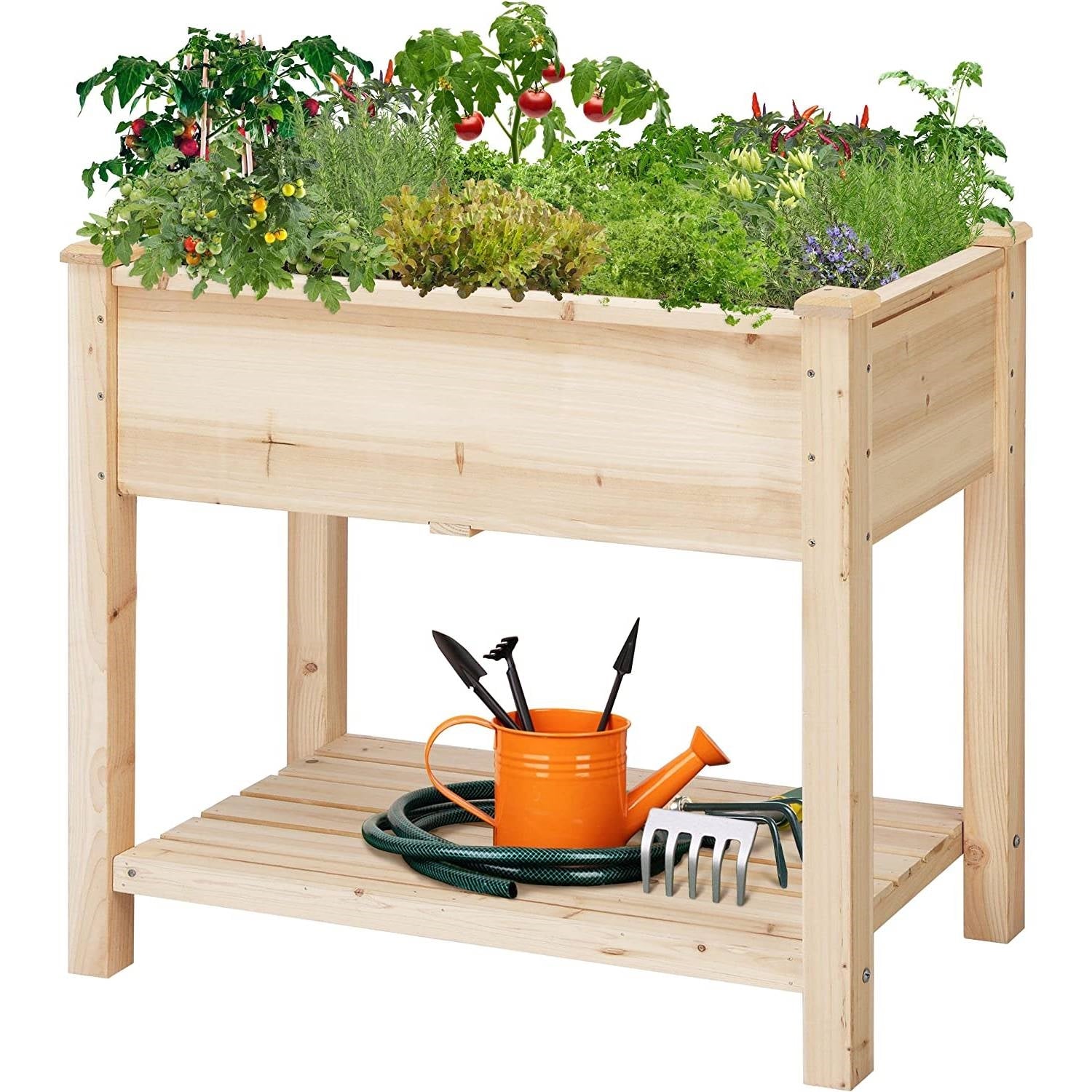 Solid Wood 2-Tier Raised Garden Bed Planter Bed with Bottom Storage Shelf FastFurnishings
