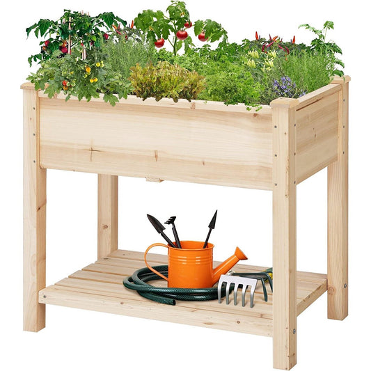 Solid Wood 2-Tier Raised Garden Bed Planter Bed with Bottom Storage Shelf FastFurnishings