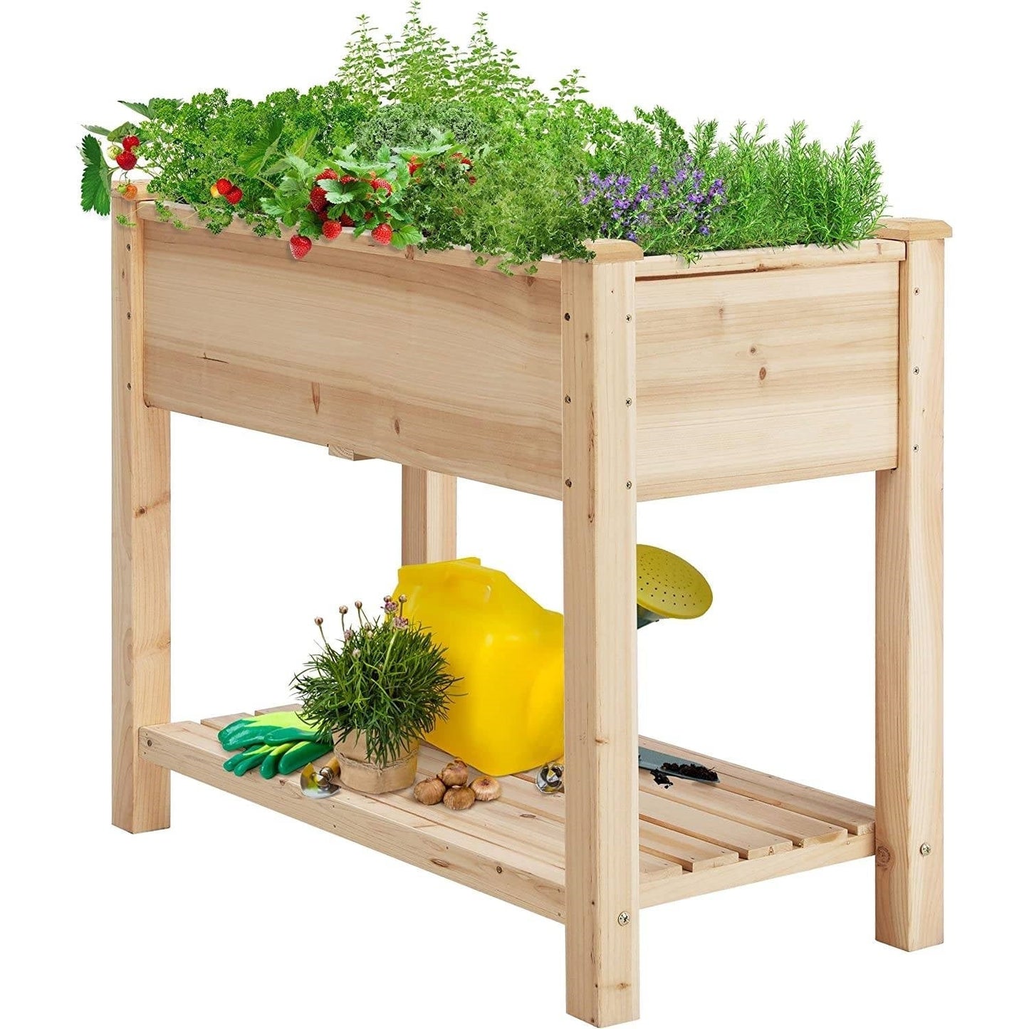 Solid Wood 2-Tier Raised Garden Bed Planter Bed with Bottom Storage Shelf FastFurnishings