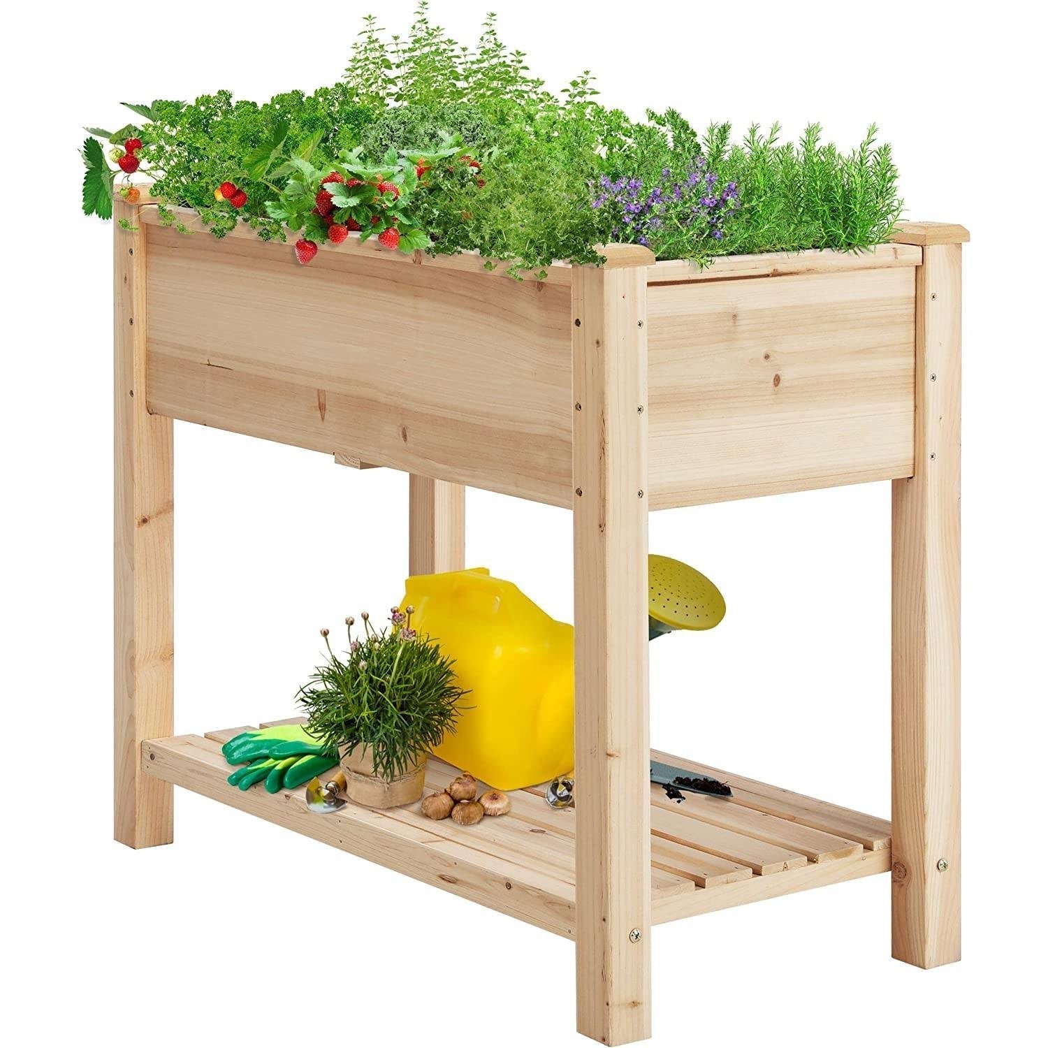 Solid Wood 2-Tier Raised Garden Bed Planter Bed with Bottom Storage Shelf FastFurnishings