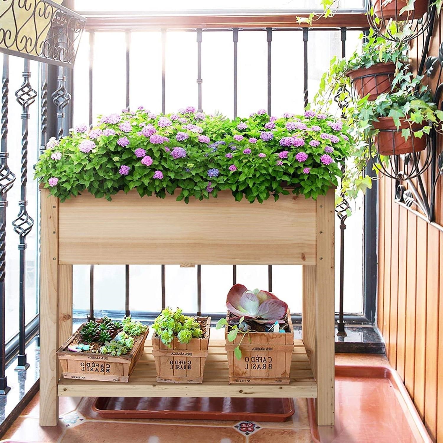 Solid Wood 2-Tier Raised Garden Bed Planter Bed with Bottom Storage Shelf FastFurnishings