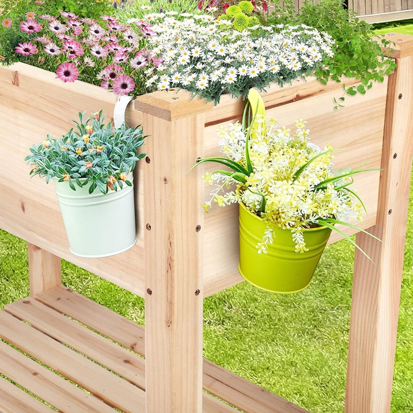 Solid Wood 2-Tier Raised Garden Bed Planter Bed with Bottom Storage Shelf FastFurnishings