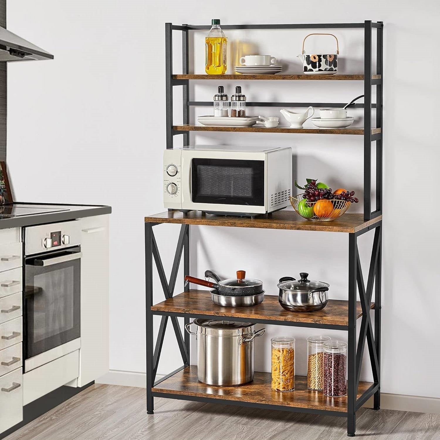 Modern Industrial Metal Wood Bakers Rack Kitchen Storage Shelf FastFurnishings