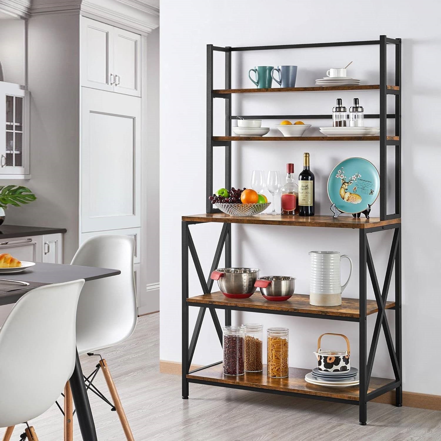 Modern Industrial Metal Wood Bakers Rack Kitchen Storage Shelf FastFurnishings