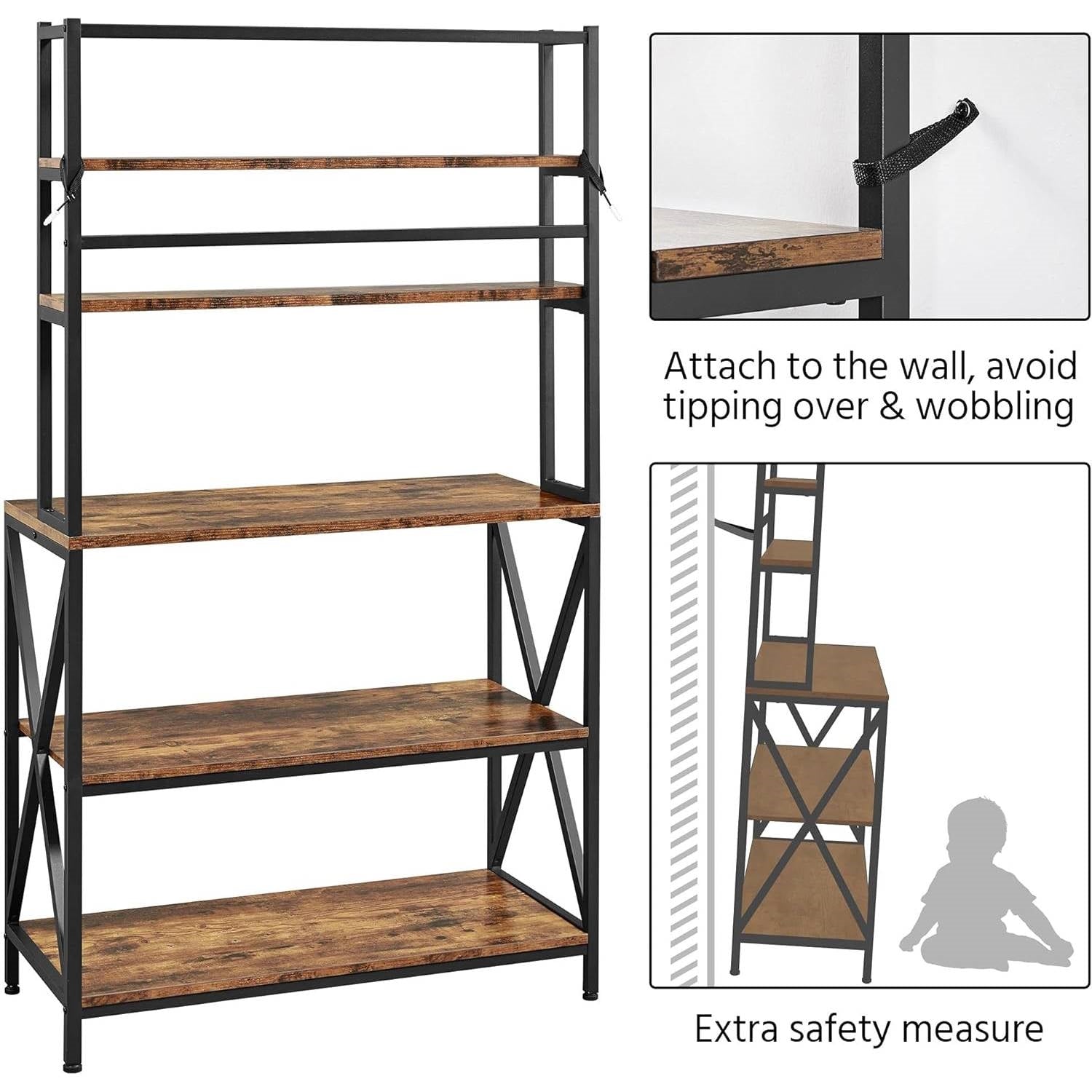 Modern Industrial Metal Wood Bakers Rack Kitchen Storage Shelf FastFurnishings