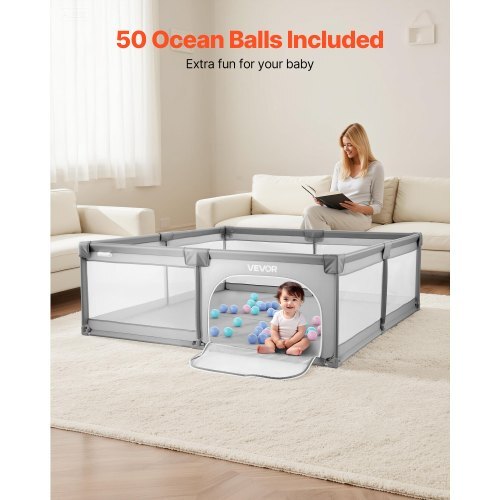 Baby Playpen, 78.7 x 58.7 Large Toddlers Playpen, Indoor/Outdoor Baby Fence Play Yard with 50 Ocean Balls, Zippered Door & Breathable Mesh, No-Gap Safety Activity Center for Babies Toddlers W2B