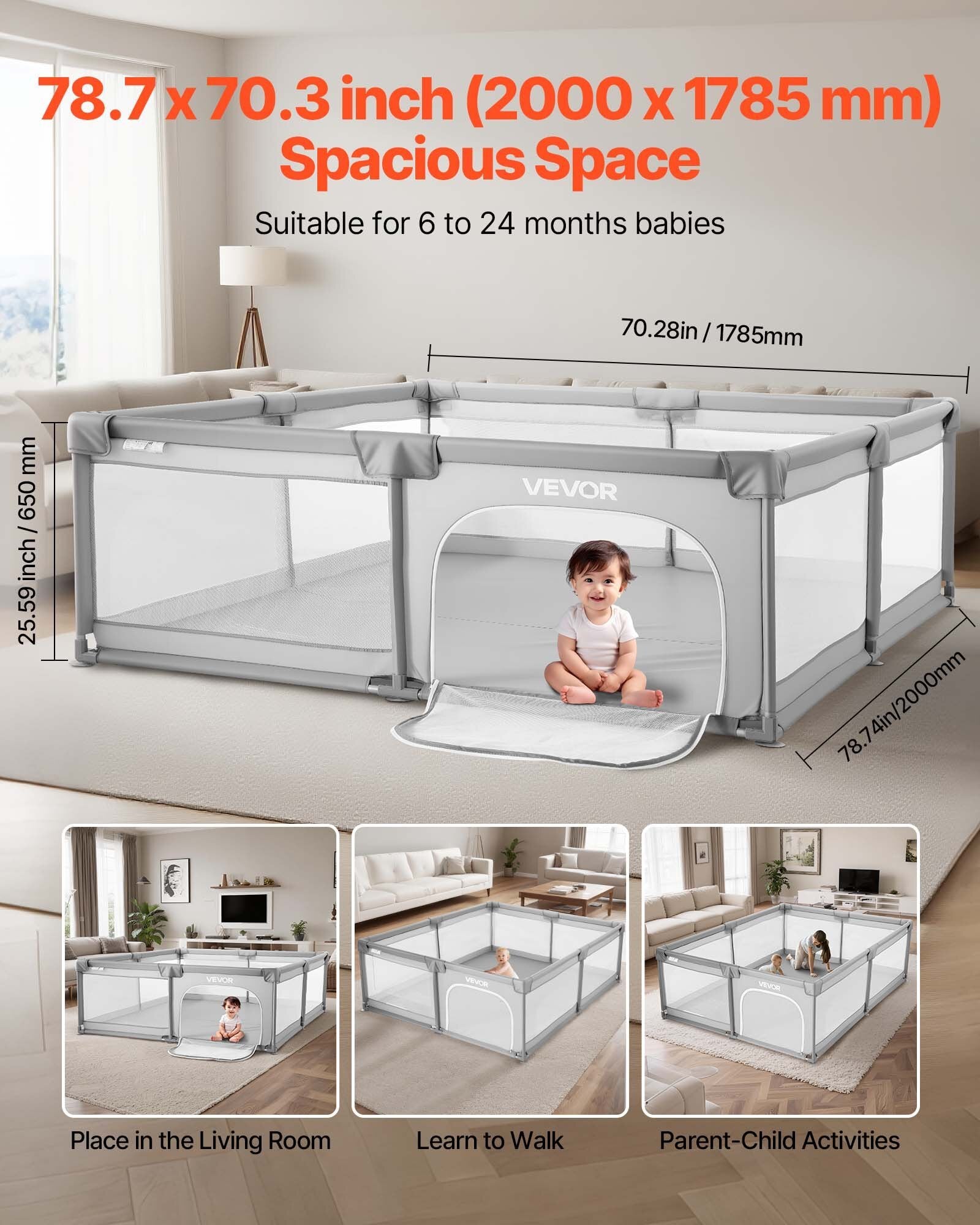 Baby Playpen, 78.7 x 70.3 Extra Large Playpen for Babies Toddlers, Indoor/Outdoor Baby Fence Play Yard, No-Gap Safety Activity Center with 50 Ocean Balls, Zippered Door & Soft Breathable Mesh W2B