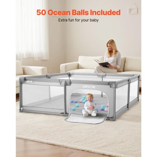 Baby Playpen, 78.7 x 70.3 Extra Large Playpen for Babies Toddlers, Indoor/Outdoor Baby Fence Play Yard, No-Gap Safety Activity Center with 50 Ocean Balls, Zippered Door & Soft Breathable Mesh W2B