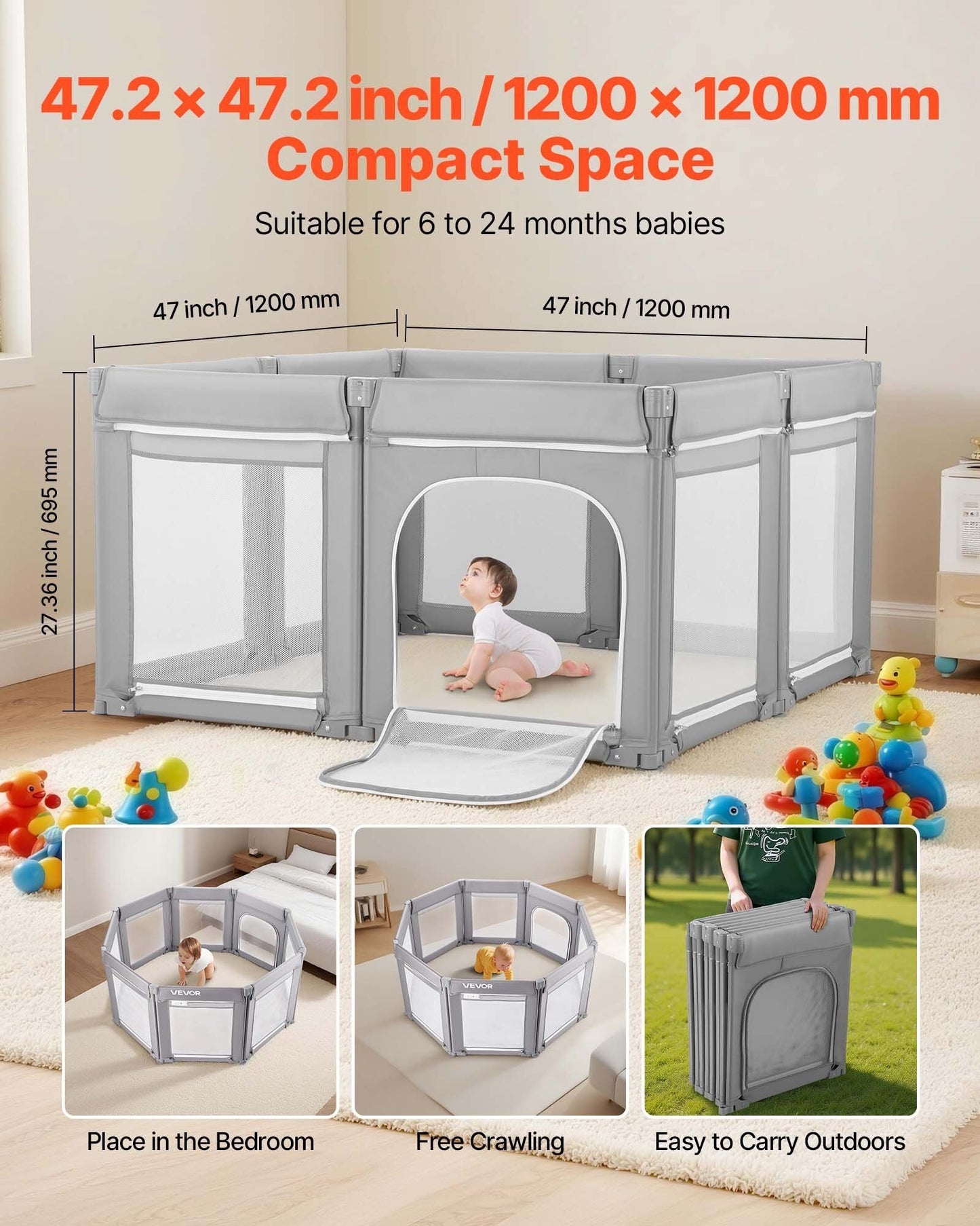 Baby Playpen, 47.2 x 47.2 Foldable Toddlers Playpen, Indoor/Outdoor Baby Fence Play Yard with Zippered Door & Soft Breathable Mesh, No-Gap Toddlers Activity Center for 6 -24 Months Babies W2B