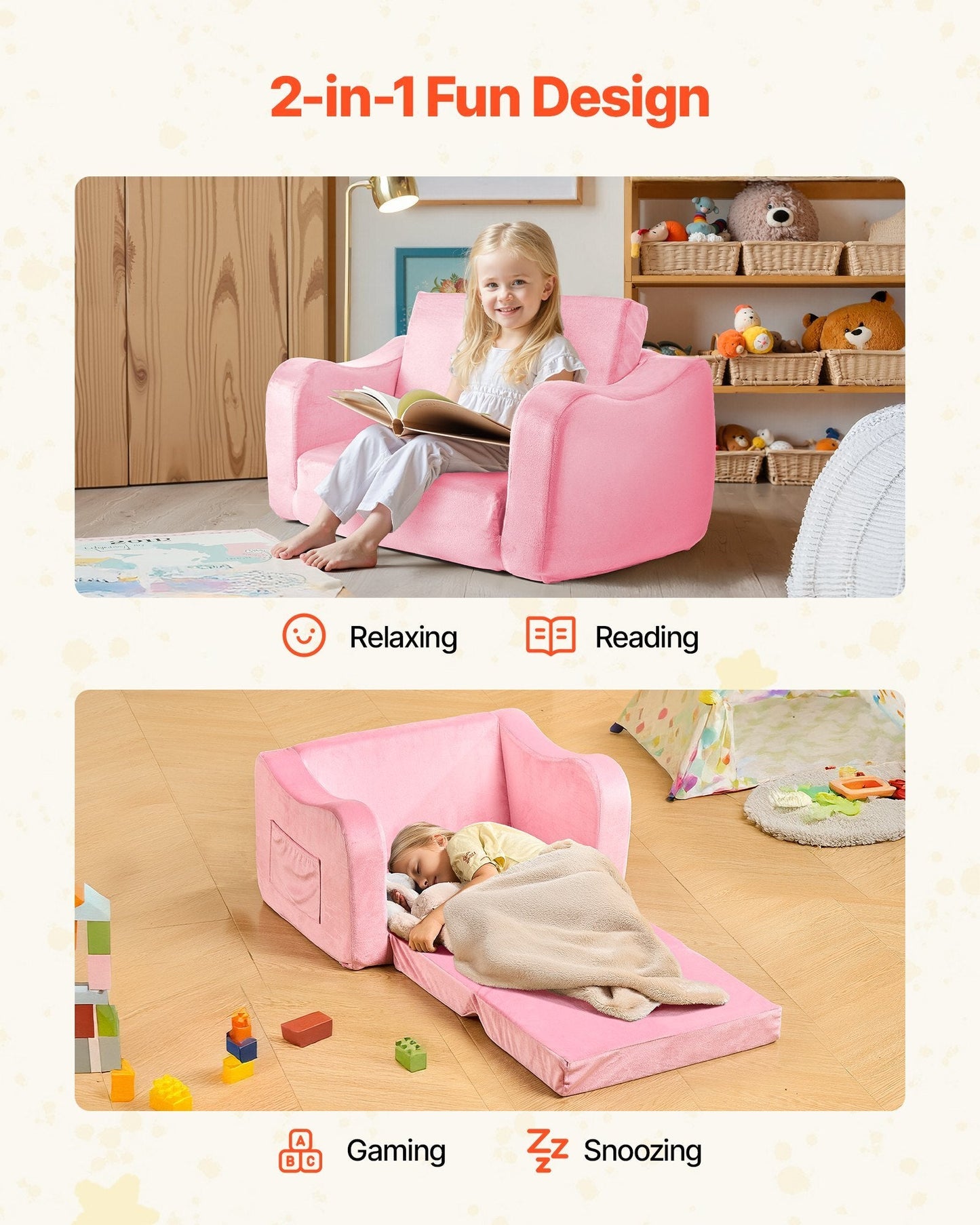 2-in-1 Kids Sofa, Foldable Toddler Soft Couch with Armrests, Made of 28D Sponge & Short Pile, Convertible Toddler Chair to Lounger, Kid Couch Fold Out for Fun Playtime or Comfy Lounging, M, Pink W2B