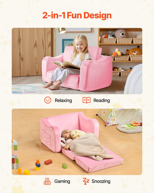 2-in-1 Kids Sofa, Foldable Toddler Soft Couch with Armrests, Made of 28D Sponge & Short Pile, Convertible Toddler Chair to Lounger, Kid Couch Fold Out for Fun Playtime or Comfy Lounging, M, Pink W2B