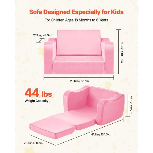2-in-1 Kids Sofa, Foldable Toddler Soft Couch with Armrests, Made of 28D Sponge & Short Pile, Convertible Toddler Chair to Lounger, Kid Couch Fold Out for Fun Playtime or Comfy Lounging, M, Pink W2B