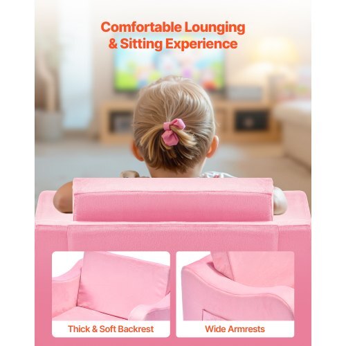 2-in-1 Kids Sofa, Foldable Toddler Soft Couch with Armrests, Made of 28D Sponge & Short Pile, Convertible Toddler Chair to Lounger, Kid Couch Fold Out for Fun Playtime or Comfy Lounging, M, Pink W2B