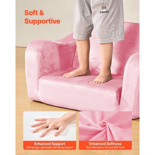 2-in-1 Kids Sofa, Foldable Toddler Soft Couch with Armrests, Made of 28D Sponge & Short Pile, Convertible Toddler Chair to Lounger, Kid Couch Fold Out for Fun Playtime or Comfy Lounging, M, Pink W2B