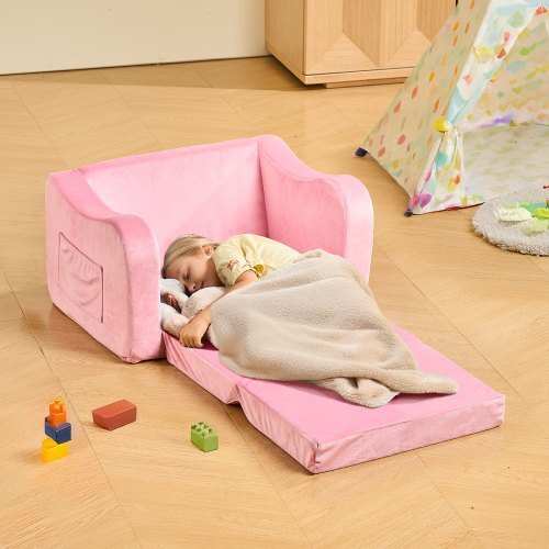 2-in-1 Kids Sofa, Foldable Toddler Soft Couch with Armrests, Made of 28D Sponge & Short Pile, Convertible Toddler Chair to Lounger, Kid Couch Fold Out for Fun Playtime or Comfy Lounging, M, Pink W2B