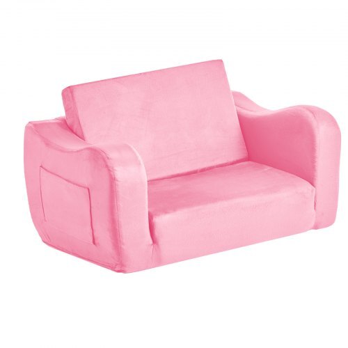 2-in-1 Kids Sofa, Foldable Toddler Soft Couch with Armrests, Made of 28D Sponge & Short Pile, Convertible Toddler Chair to Lounger, Kid Couch Fold Out for Fun Playtime or Comfy Lounging, M, Pink W2B