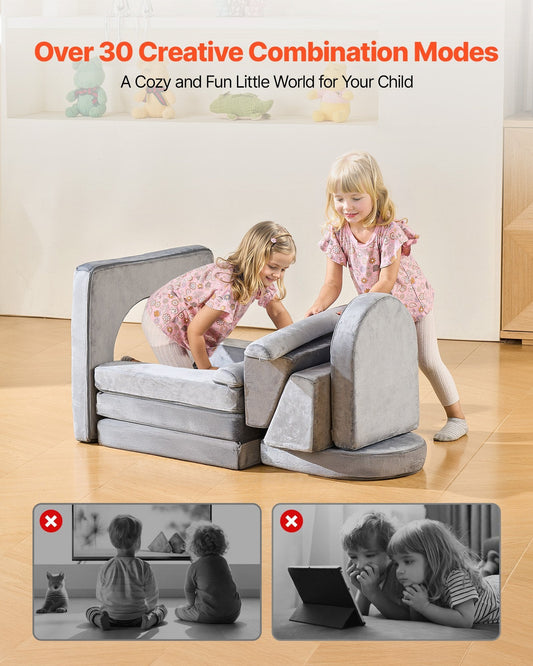 Modular Kids Play Couch, Sectional Toddler Sofa with Armrests, 28D Sponge & Short Pile, Convertible Kids Modular Couch DIY Creative Combination for Playroom, Bedroom, Living Room, 10 Pcs, Gray W2B