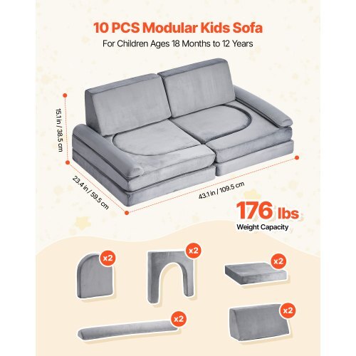 Modular Kids Play Couch, Sectional Toddler Sofa with Armrests, 28D Sponge & Short Pile, Convertible Kids Modular Couch DIY Creative Combination for Playroom, Bedroom, Living Room, 10 Pcs, Gray W2B