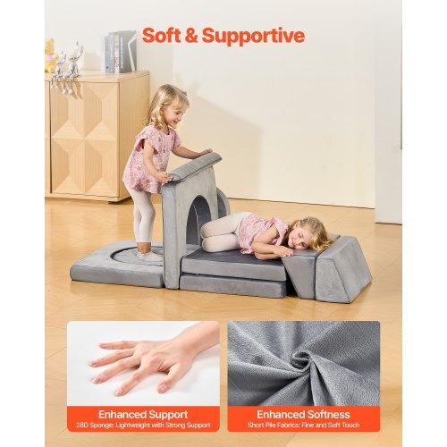 Modular Kids Play Couch, Sectional Toddler Sofa with Armrests, 28D Sponge & Short Pile, Convertible Kids Modular Couch DIY Creative Combination for Playroom, Bedroom, Living Room, 10 Pcs, Gray W2B