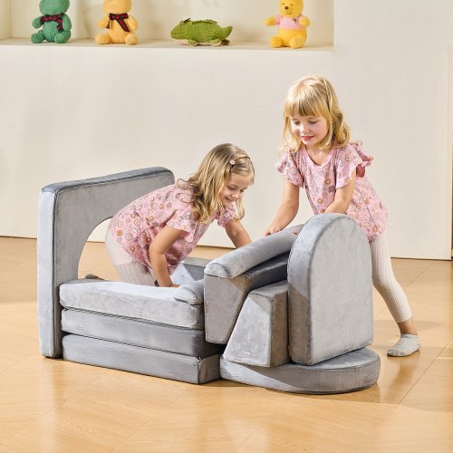 Modular Kids Play Couch, Sectional Toddler Sofa with Armrests, 28D Sponge & Short Pile, Convertible Kids Modular Couch DIY Creative Combination for Playroom, Bedroom, Living Room, 10 Pcs, Gray W2B