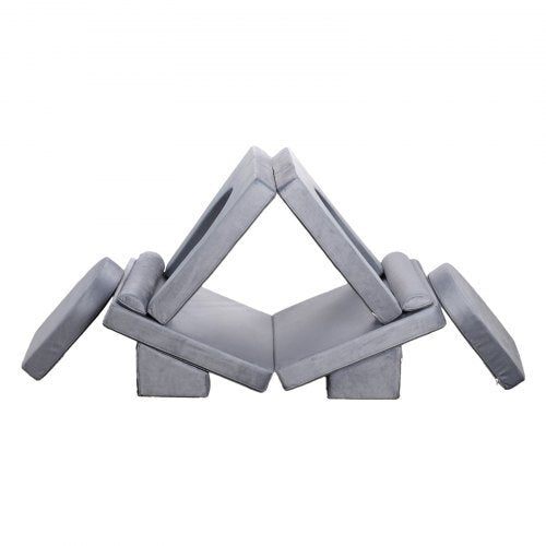 Modular Kids Play Couch, Sectional Toddler Sofa with Armrests, 28D Sponge & Short Pile, Convertible Kids Modular Couch DIY Creative Combination for Playroom, Bedroom, Living Room, 10 Pcs, Gray W2B
