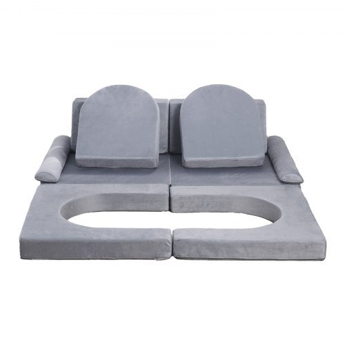 Modular Kids Play Couch, Sectional Toddler Sofa with Armrests, 28D Sponge & Short Pile, Convertible Kids Modular Couch DIY Creative Combination for Playroom, Bedroom, Living Room, 10 Pcs, Gray W2B