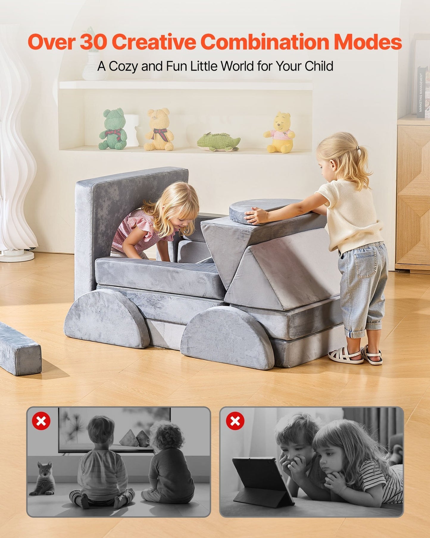 Modular Kids Play Couch, Sectional Toddler Sofa with Armrests, 28D Sponge & Short Pile, Convertible Kids Modular Couch DIY Creative Combination for Playroom, Bedroom, Living Room, 14 Pcs, Gray W2B