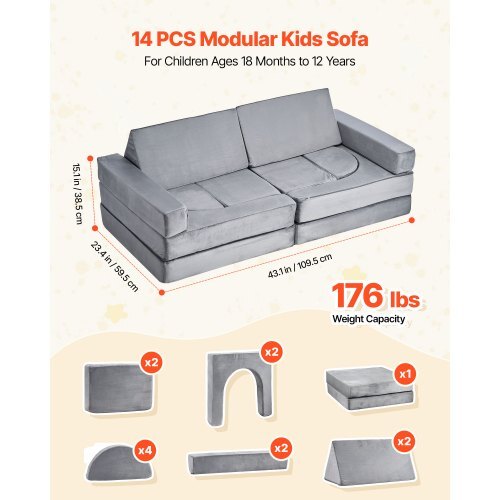 Modular Kids Play Couch, Sectional Toddler Sofa with Armrests, 28D Sponge & Short Pile, Convertible Kids Modular Couch DIY Creative Combination for Playroom, Bedroom, Living Room, 14 Pcs, Gray W2B