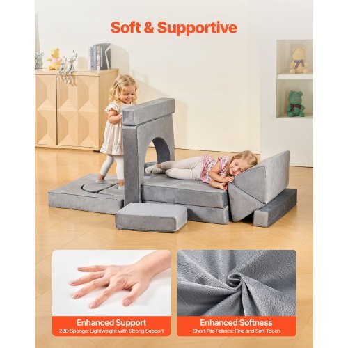 Modular Kids Play Couch, Sectional Toddler Sofa with Armrests, 28D Sponge & Short Pile, Convertible Kids Modular Couch DIY Creative Combination for Playroom, Bedroom, Living Room, 14 Pcs, Gray W2B