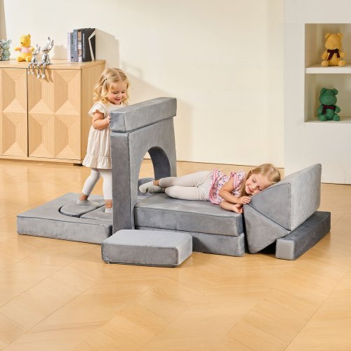 Modular Kids Play Couch, Sectional Toddler Sofa with Armrests, 28D Sponge & Short Pile, Convertible Kids Modular Couch DIY Creative Combination for Playroom, Bedroom, Living Room, 14 Pcs, Gray W2B
