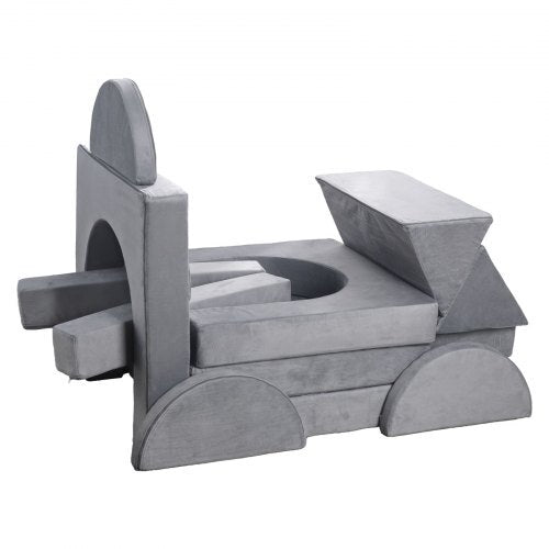 Modular Kids Play Couch, Sectional Toddler Sofa with Armrests, 28D Sponge & Short Pile, Convertible Kids Modular Couch DIY Creative Combination for Playroom, Bedroom, Living Room, 14 Pcs, Gray W2B