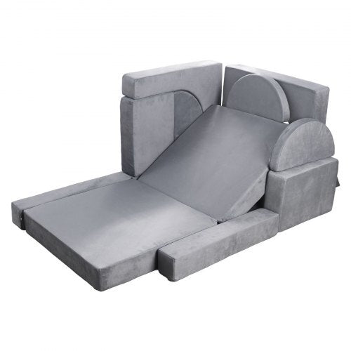 Modular Kids Play Couch, Sectional Toddler Sofa with Armrests, 28D Sponge & Short Pile, Convertible Kids Modular Couch DIY Creative Combination for Playroom, Bedroom, Living Room, 14 Pcs, Gray W2B